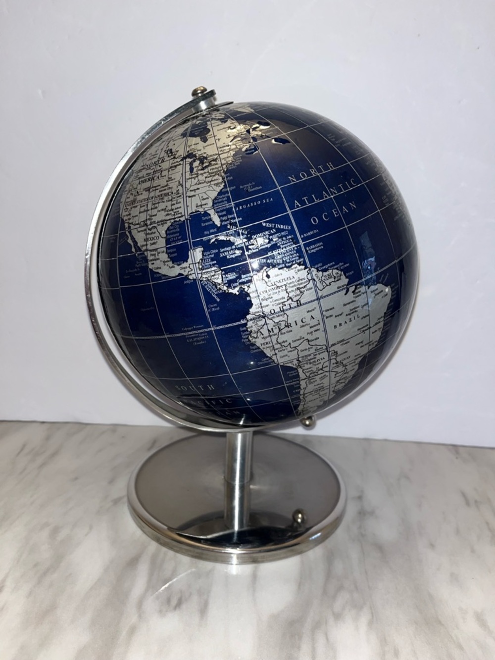 Navy Blue Decorative Globe on Silver Base